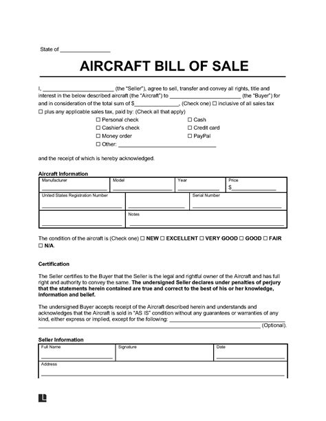 Free Aircraft / Airplane Bill of Sale Form Template Google