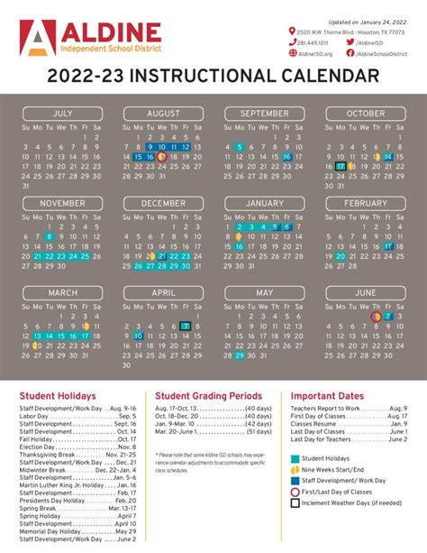 aldine isd school calendar