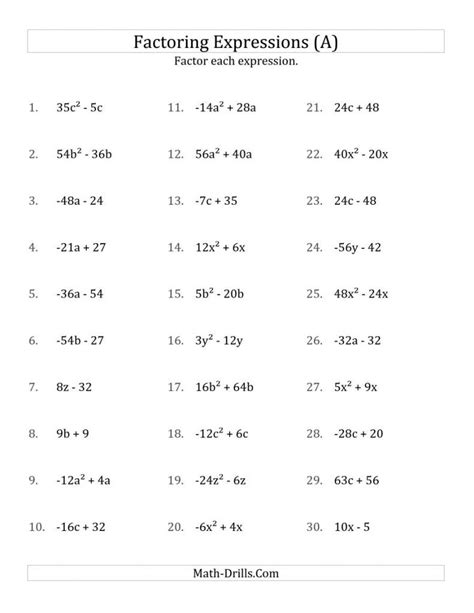 algebra 1 worksheet factoring gcf and difference of squares