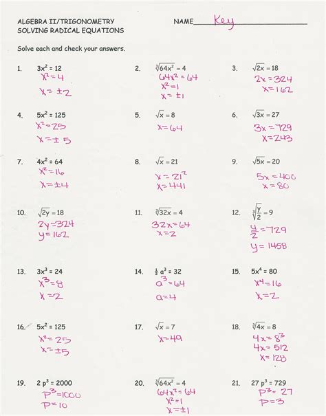 algebra 2 radical review worksheet