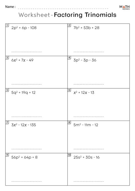 algebra factoring trinomials worksheet