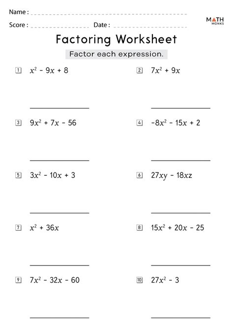 Algebra Factoring Worksheets Printable