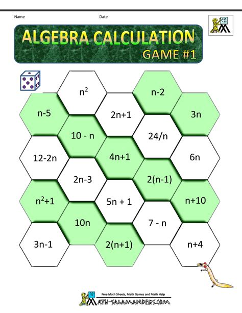 Algebra Math Game Worksheets