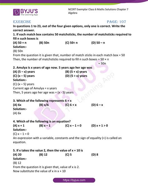 algebra questions for class 6 with answers