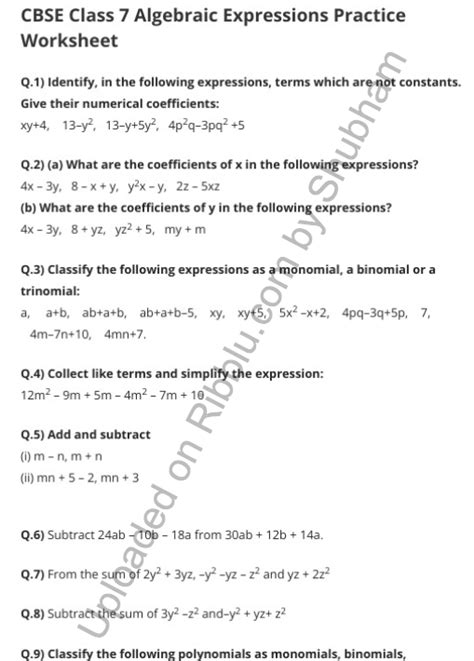 algebraic expressions class 7 extra questions with answers