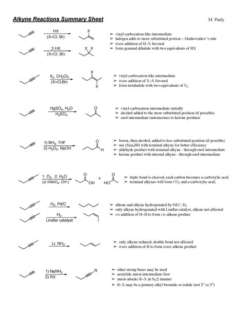 alkyne reactions cheat sheet quizlet