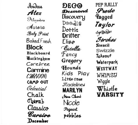 all font style name list with example