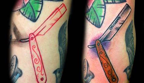 The illuminated straight razor tattoo inked in a woodcut style on the