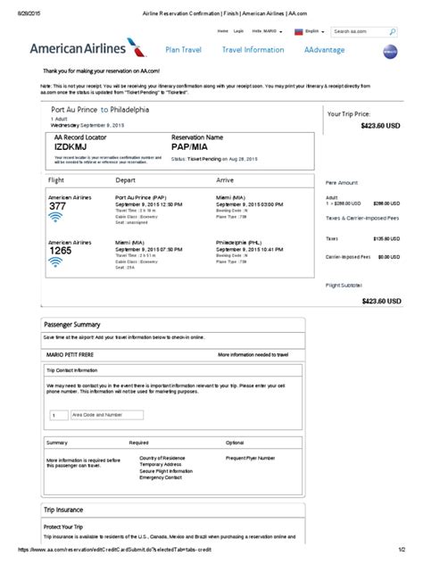 american airlines reservations confirmation