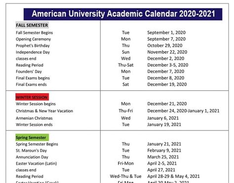 american university academic calendar 19-20