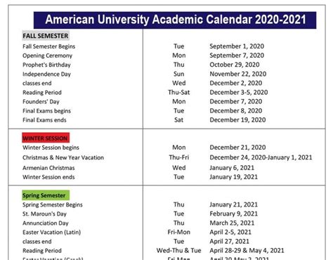 american university academic calendar 2021