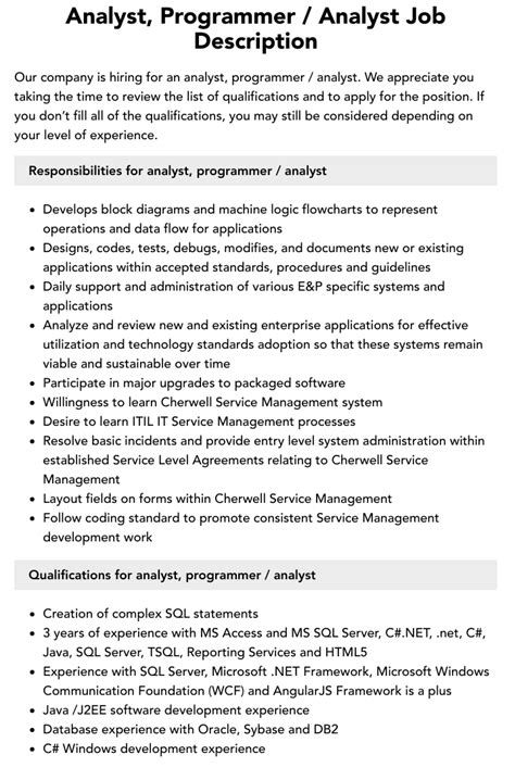 analyst programmer job description australia