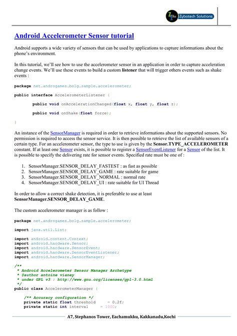 Android Accelerometer Sensor Example Code