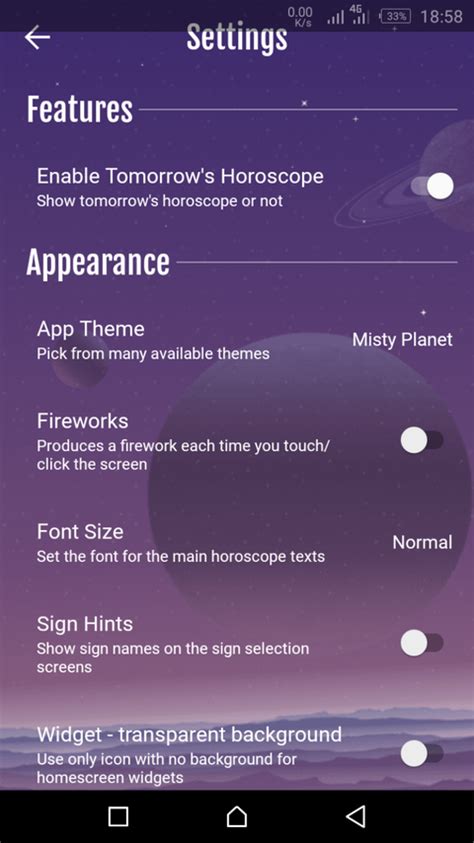 Android Horoscope Settings