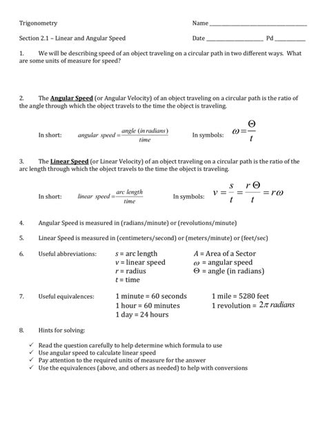 angular and linear velocity worksheet answer key