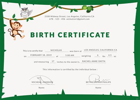 Free Animal Birth Certificate Template in PSD, MS Word, Publisher