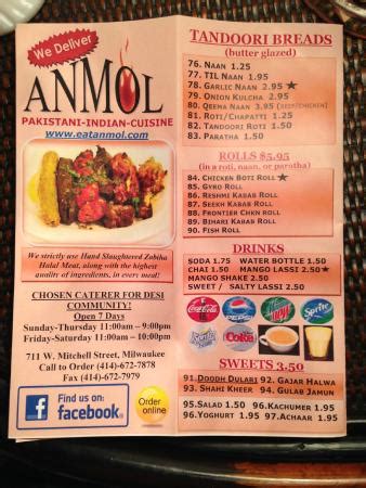 anmol restaurant - milwaukee menu