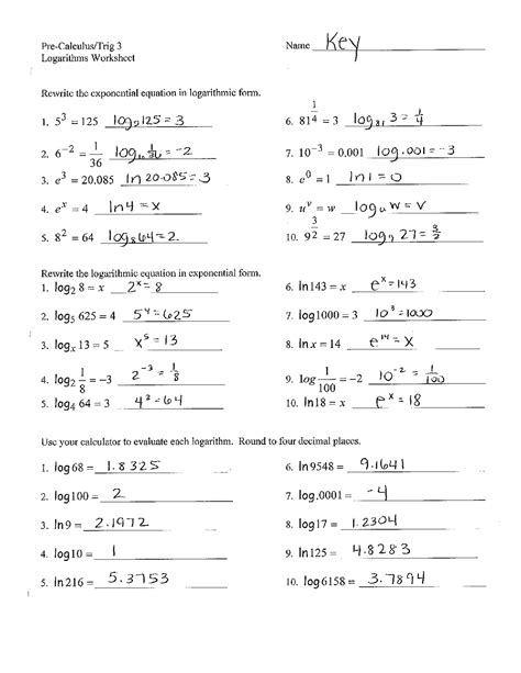 answer key logarithm worksheet with answers