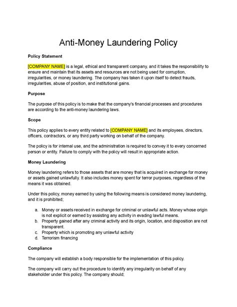 anti money laundering policy template