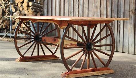 Antique Wagon Wheel Table Picnic With Cedar Top Metal