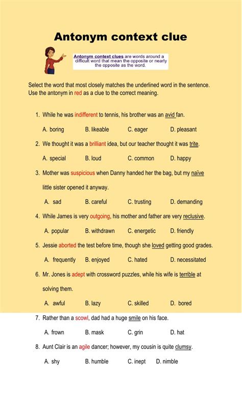 antonym context clues examples with answers pdf