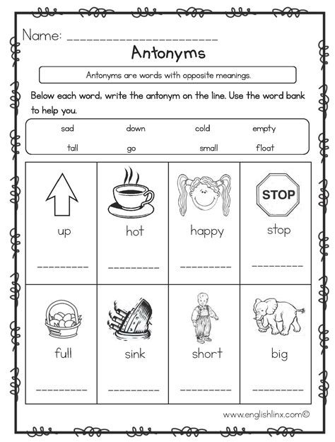antonyms worksheet for grade 1