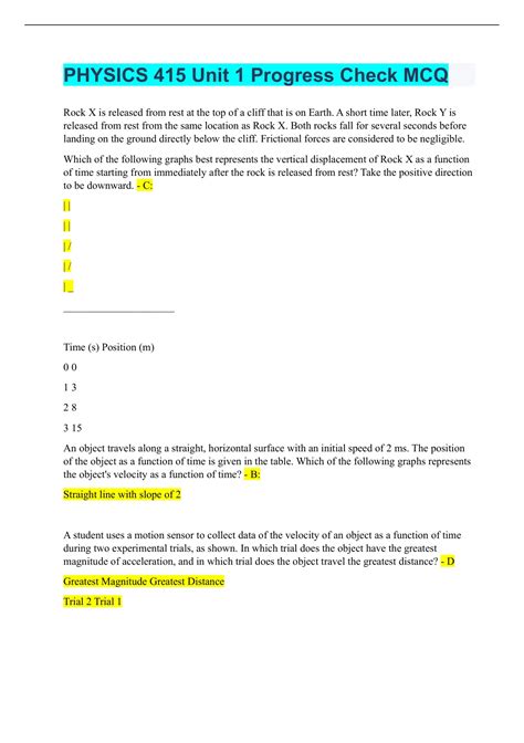 ap physics unit 1 progress check mcq answers
