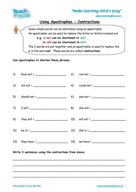 Apostrophes For Contraction Worksheet