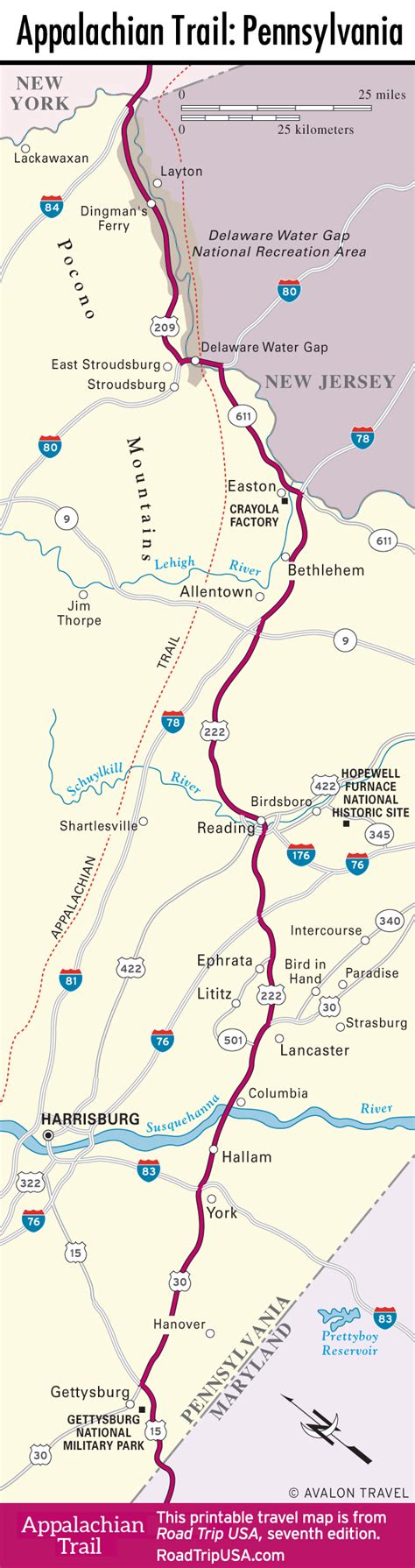 A map of the Appalachian Trail in Pennsylvania. Appalachian trail