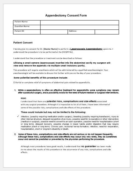 appendectomy surgery consent form template