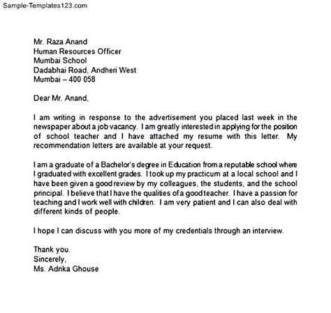Sample Application Letter For The Post Of A Teacher