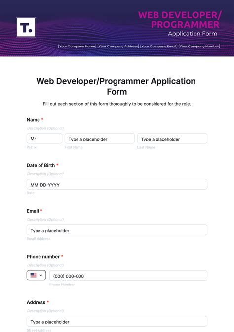 application developer job application form template