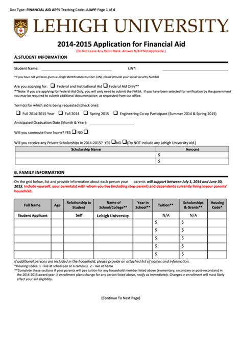 application for financial aid sample