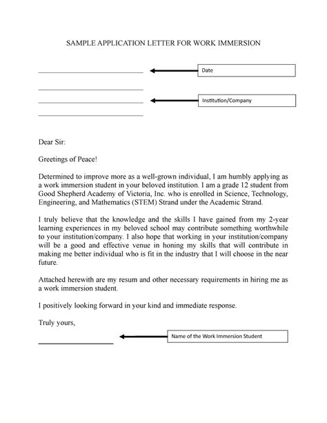 application letter examples for work immersion