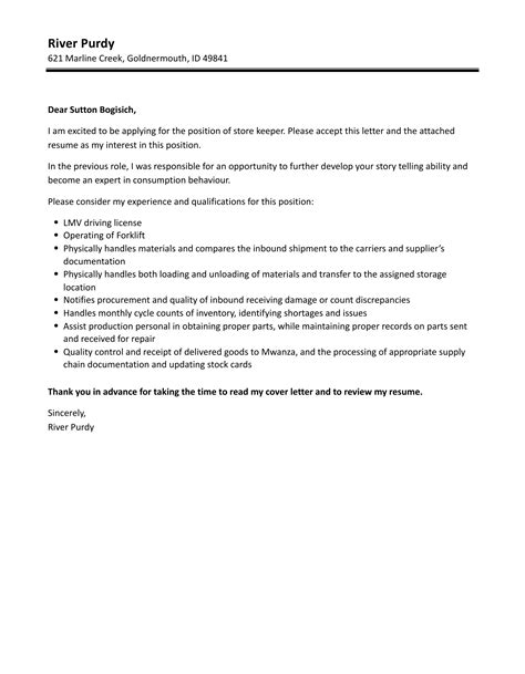 Application Letter For Store Keeper Position