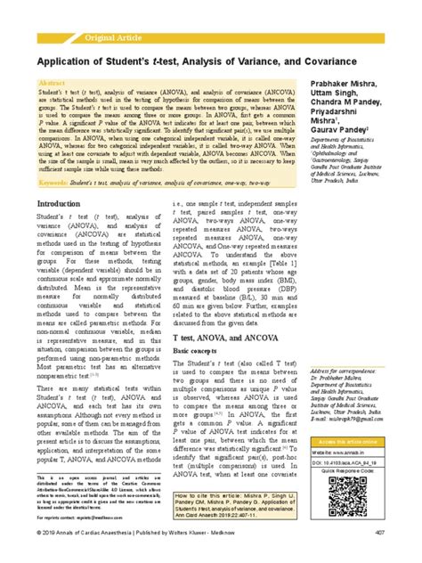 application of student's t test analysis of variance and covariance