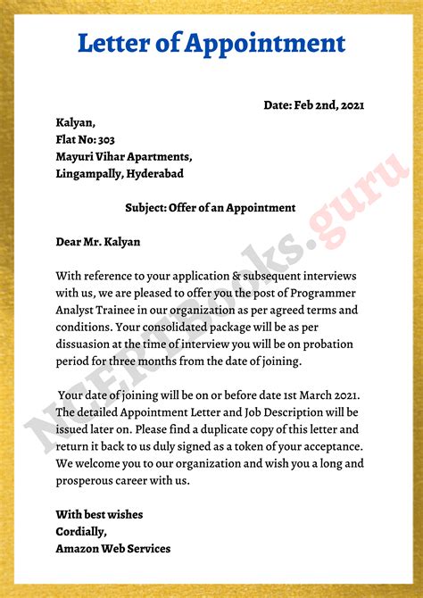 Letter Of Appointment Templates at
