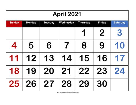 Blank Calendar 2021 April Printable Paper Sheets One Platform For