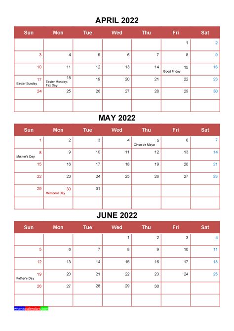 April May June 2022 Calendar With Holidays [Four Quarters]
