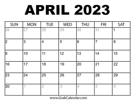 april 2023 calendar page to print