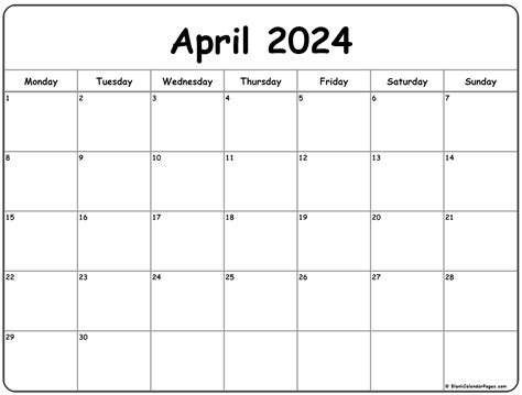 april 2024 calendar starting monday