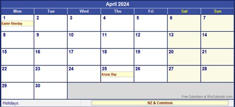 april 2024 calendar with holidays nz