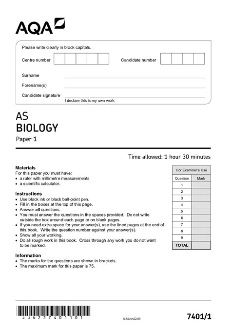 AQA_AS Level Biology Paper 1_Question Paper 2022 Practice paper 1