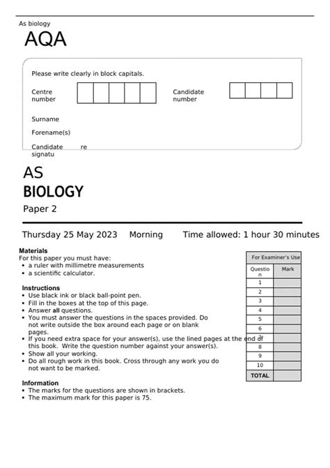 AQA AS BIOLOGY Paper 2 June 2023 question paper and mark scheme Stuvia US