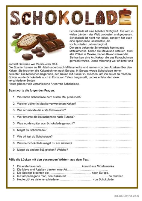 Arbeitsblatt mit Lückentext zum Thema "Schokolade" Arbeitsblätter, Deutsch aufgaben, Deutsch üben
