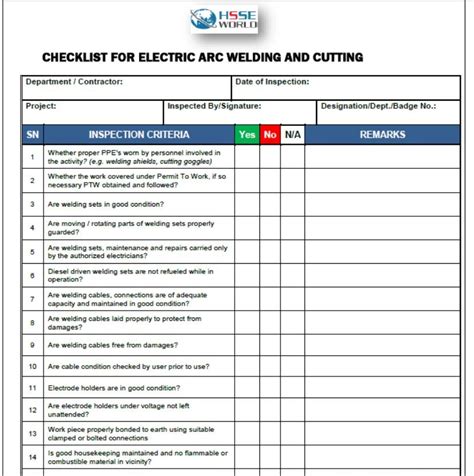 Arc Welding Machine Preventive Maintenance Checklist