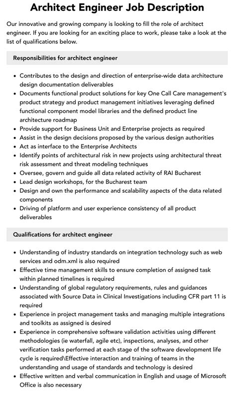 Architect Engineer Job Description