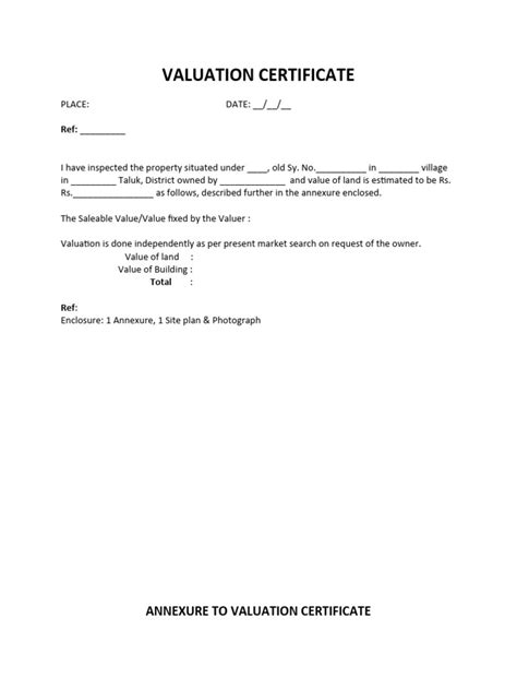 Architect Valuation Certificate