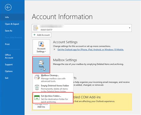 archive folder in outlook 2016