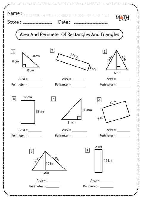 Area And Perimeter Of Square Rectangle Triangle And Circle Worksheet